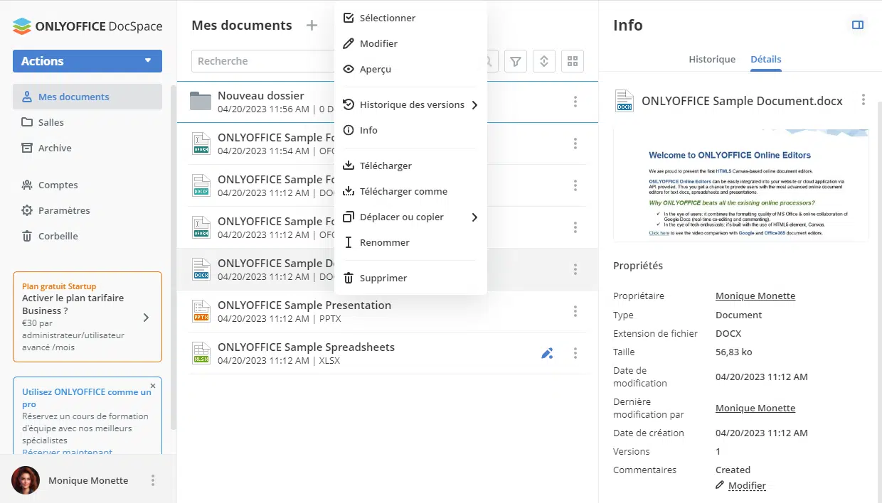 Capture d'écran Only Office - DocumentManagement