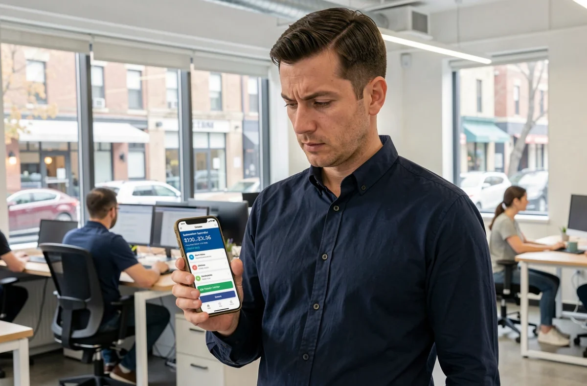 Homme en espace de coworking évaluant les options d'abonnement premium sur son smartphone