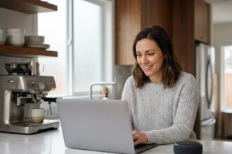 Femme achetant des produits high-tech et électroménagers sur un site en ligne depuis sa cuisine moderne