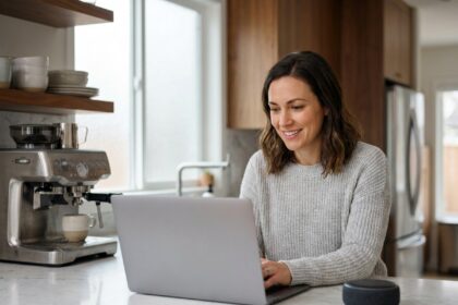 Femme achetant des produits high-tech et électroménagers sur un site en ligne depuis sa cuisine moderne