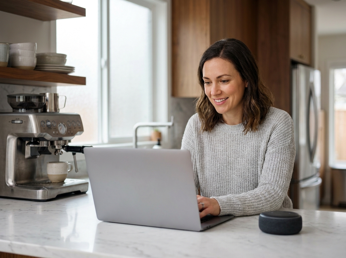 Femme achetant des produits high-tech et électroménagers sur un site en ligne depuis sa cuisine moderne