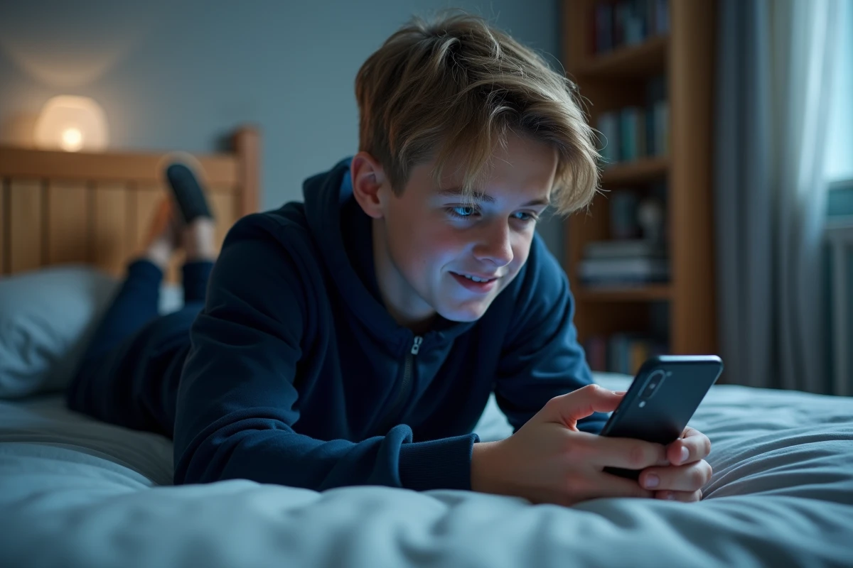 Adolescent s'entraînant au Click Kohi sur téléphone portable allongé sur son lit dans sa chambre