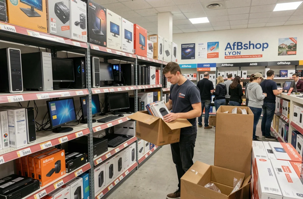 Employé d'AfBshop Lyon réapprovisionnant les rayons d'ordinateurs et accessoires informatiques à prix abordables dans le magasin