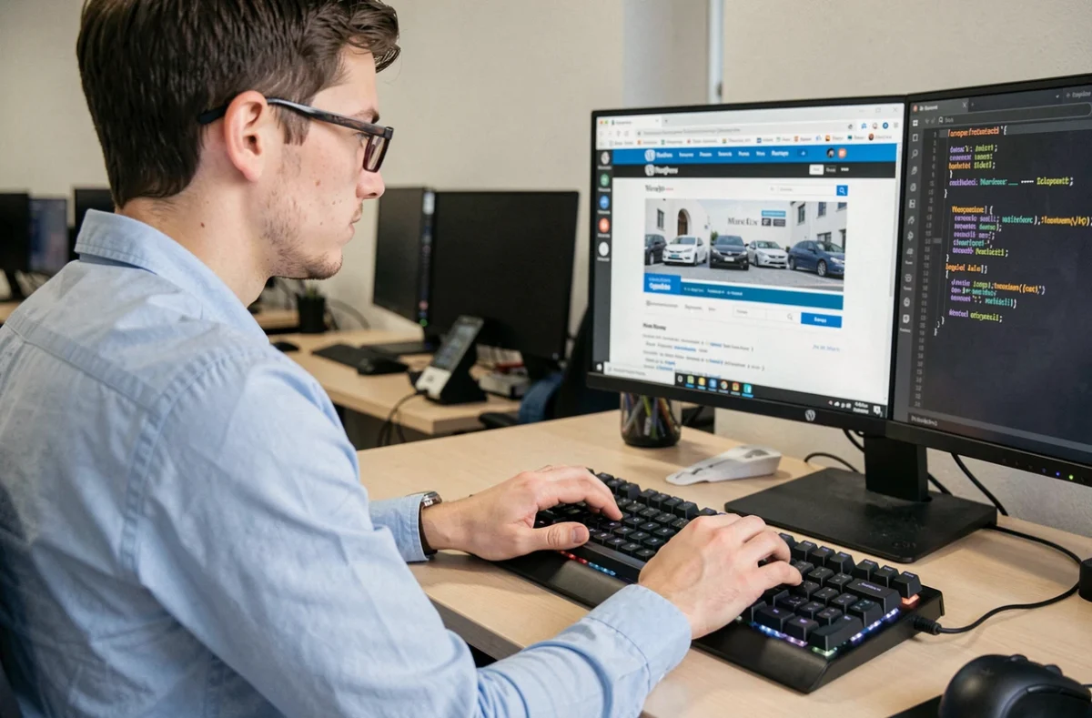 Développeur de l'agence 15.100.17 codant un projet WordPress dans un bureau tech à Rouen