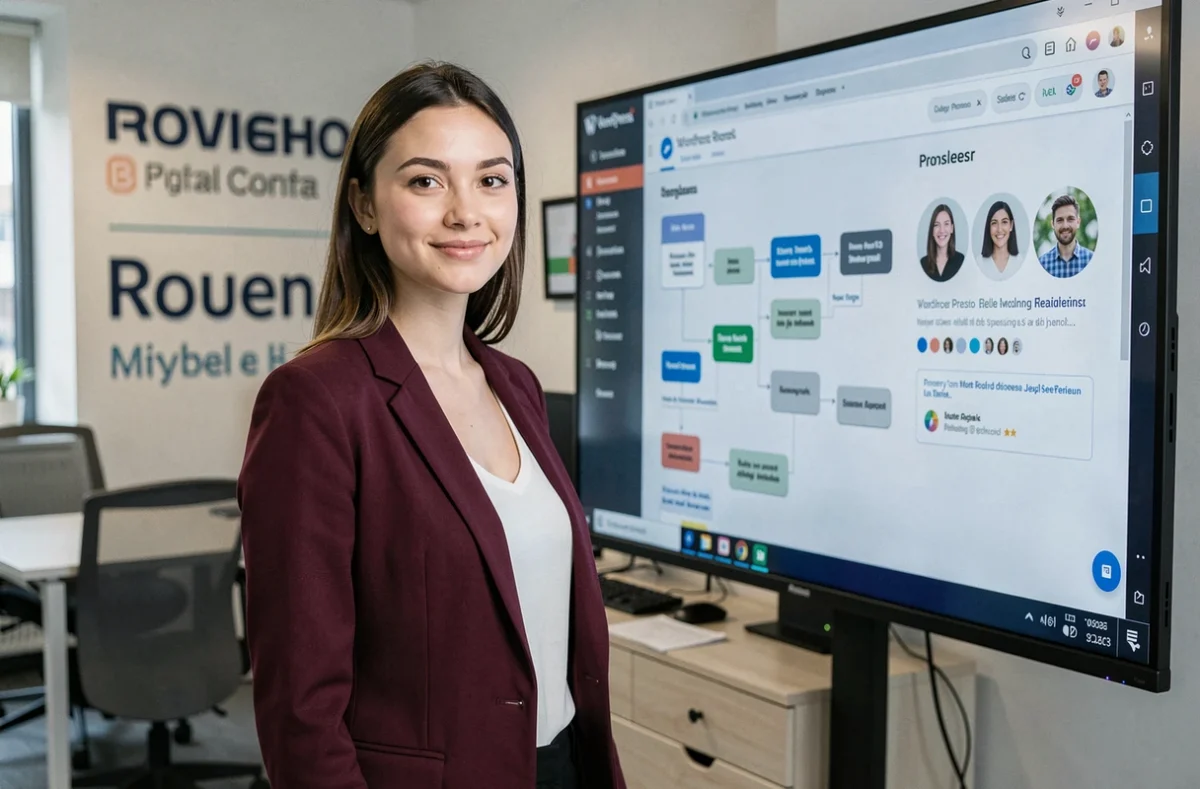 Responsable de projet chez Digital First Rouen présentant une feuille de route WordPress dans les bureaux de l'agence