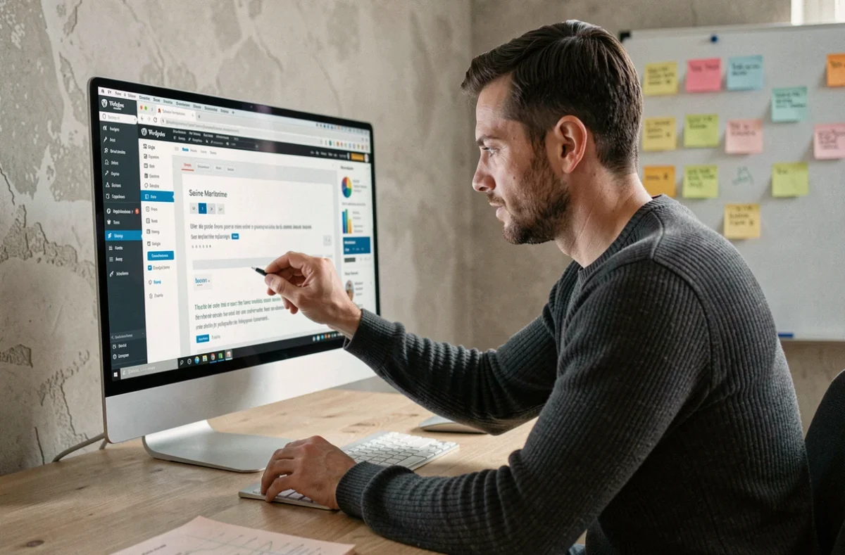 Designer de RLH Création ajustant la mise en page d'un site WordPress dans un studio créatif en Seine-Maritime