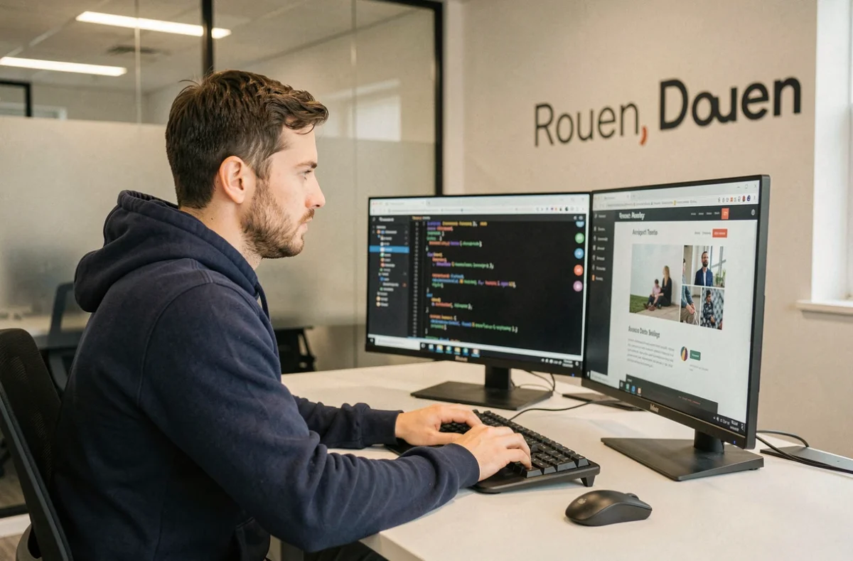 Développeur web de l'agence NEWP travaillant sur un projet WordPress dans un bureau moderne à Rouen