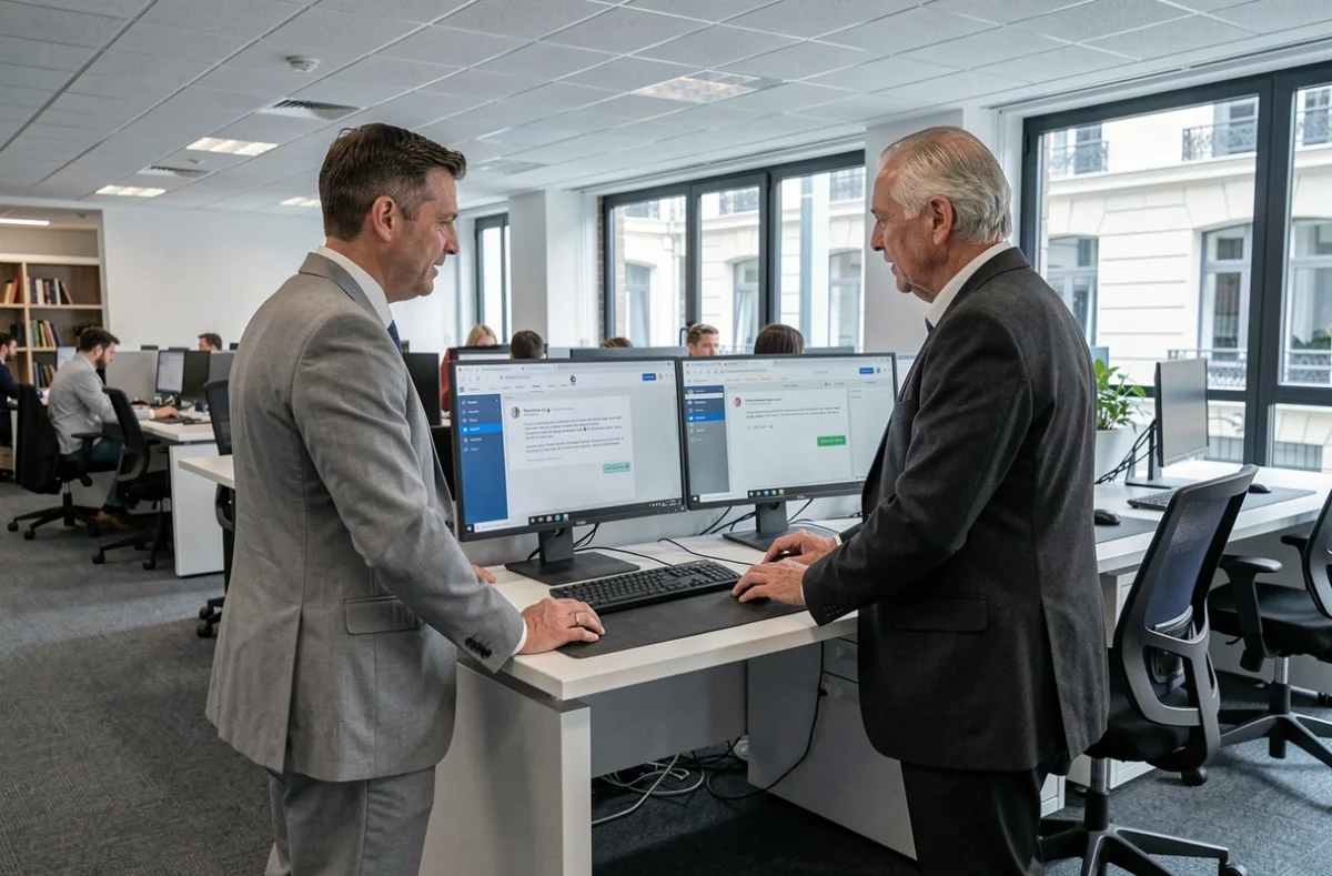 Deux agents gouvernementaux consultant des messages chiffrés sur Mélanie 2 Web dans un open space administratif