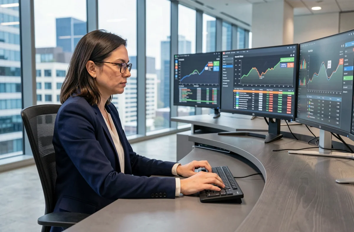 Analyste financière consultant des tableaux de bord décisionnels sur plusieurs écrans dans un bureau moderne