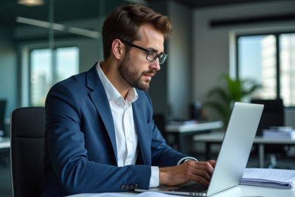 Homme en blazer analyse des données web au bureau