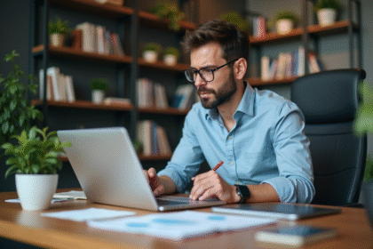 Homme concentré analysant des graphiques de backlinks sur son ordinateur