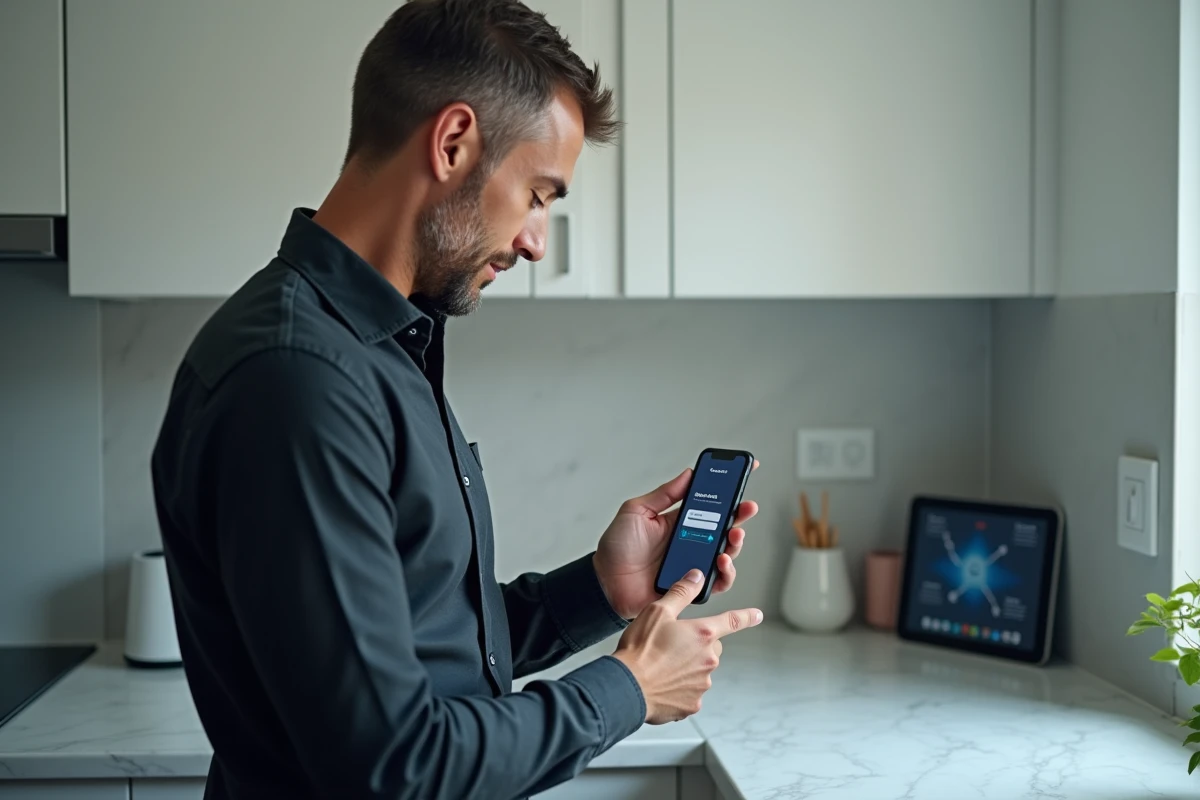 Homme consultant l'application Free sur smartphone pour ouvrir un port sur sa Freebox Pop depuis la cuisine