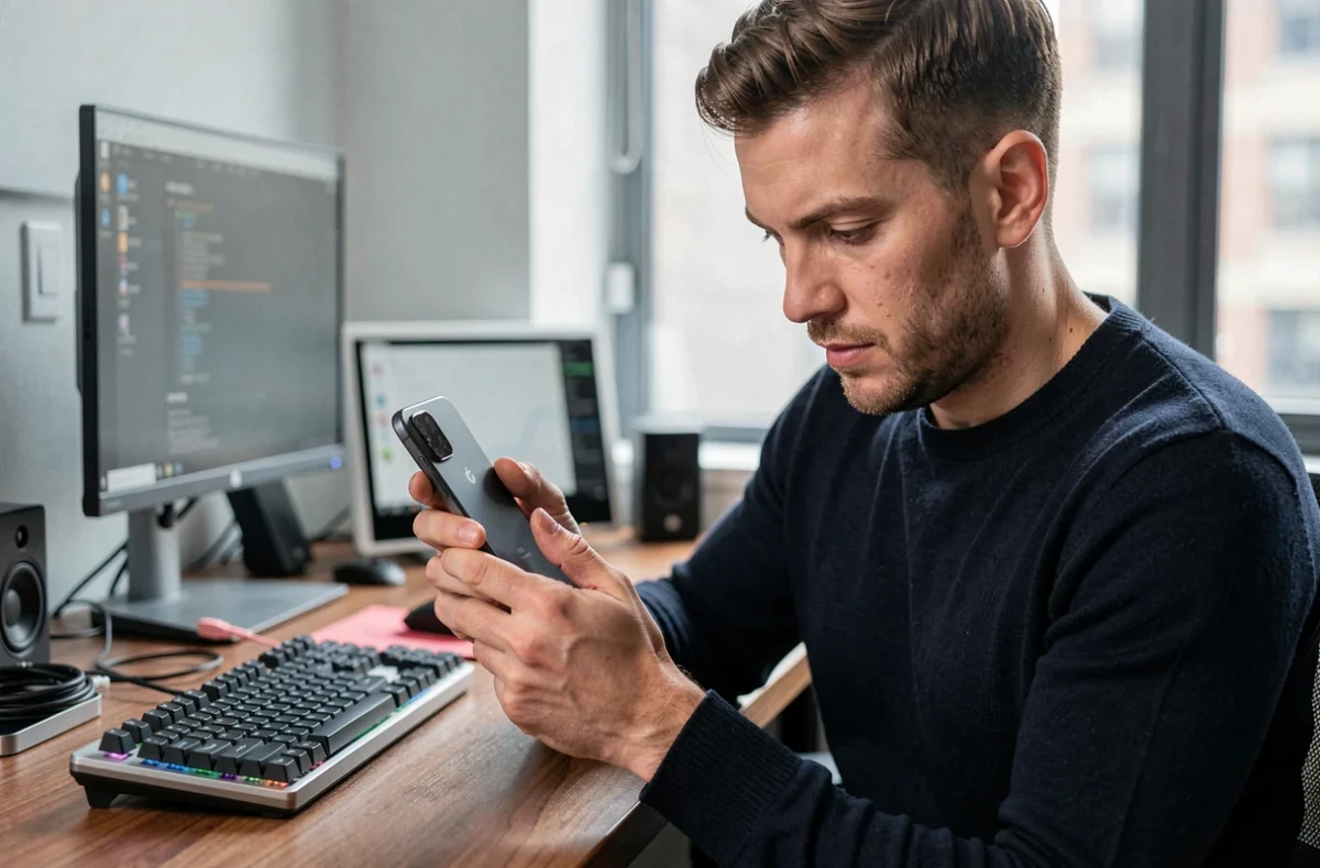 Un homme power user tenant le Google Pixel 9 Pro XL dans un bureau moderne, analysant les performances du smartphone avec une expression concentrée