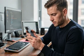 Un homme power user tenant le Google Pixel 9 Pro XL dans un bureau moderne, analysant les performances du smartphone avec une expression concentrée