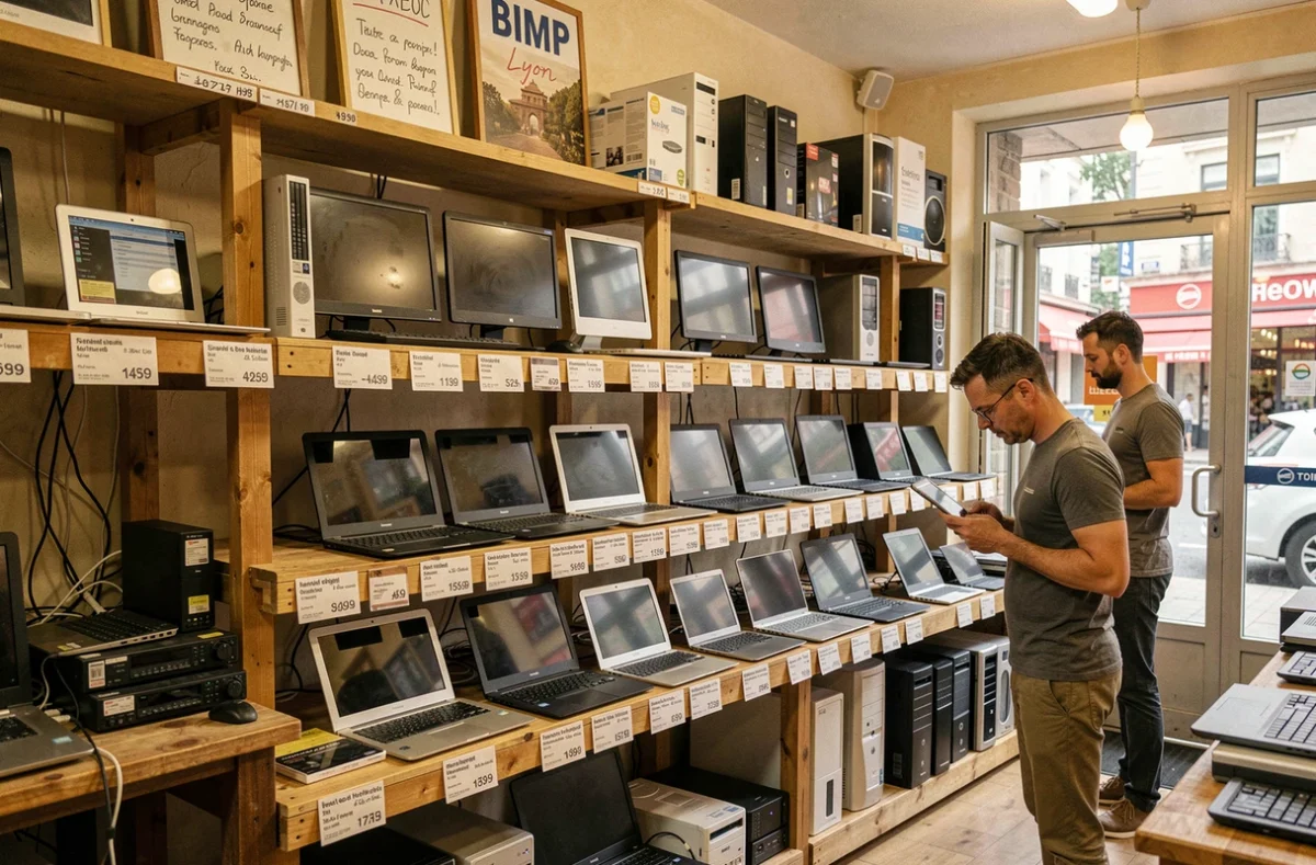 Magasin BIMP Lyon proposant des ordinateurs reconditionnés et d'occasion soigneusement étiquetés sur des étagères en bois