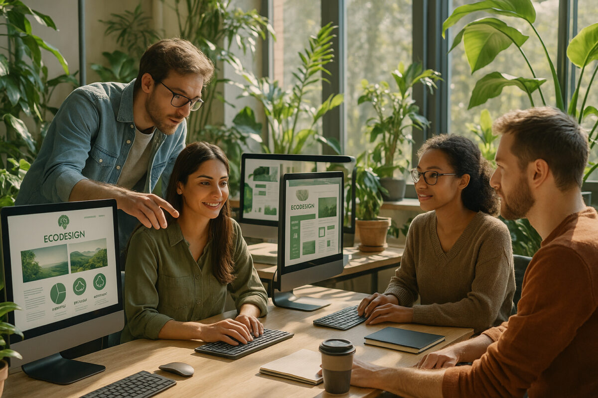 Photo d'un bureau moderne avec des web designers collaborant