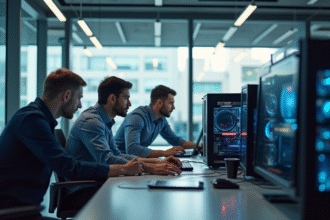 Espace de travail moderne avec techniciens Elys PC collaborant