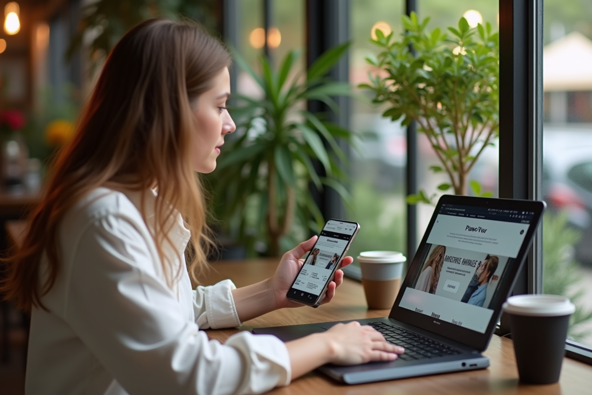 Deux personnes comparant un site web sur un téléphone et un ordinateur dans un café