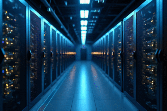 Couloir moderne de centre de données avec racks de serveurs lumineux