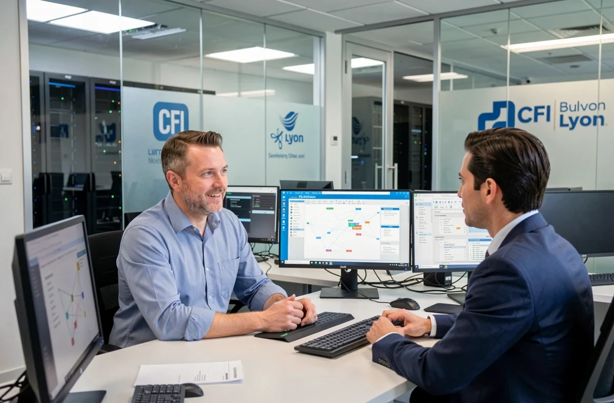 Consultant IT de CFI Lyon en réunion avec un client professionnel dans un bureau d'entreprise moderne équipé de serveurs