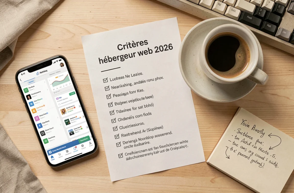 Vue aérienne d'un bureau avec une checklist pour choisir un hébergeur web, un smartphone et des notes manuscrites