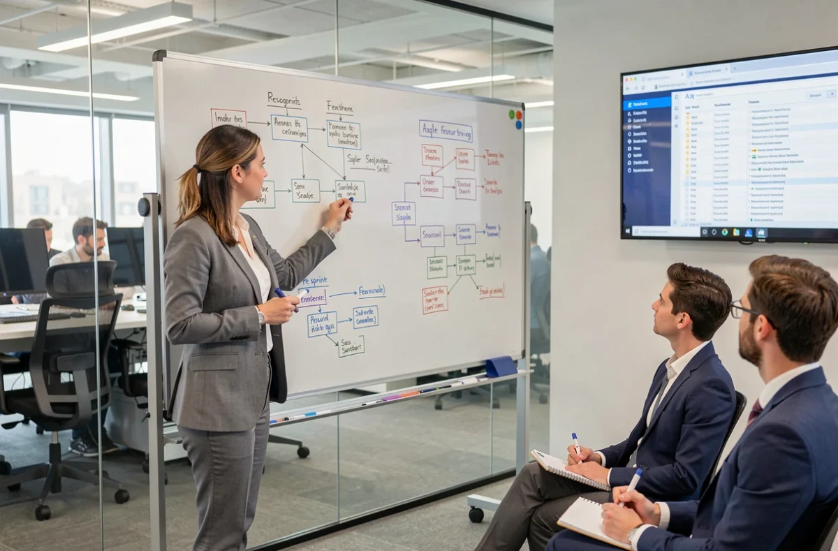 Chef de produit SaaS présentant une roadmap agile sur un tableau blanc devant son équipe dans une salle de réunion moderne