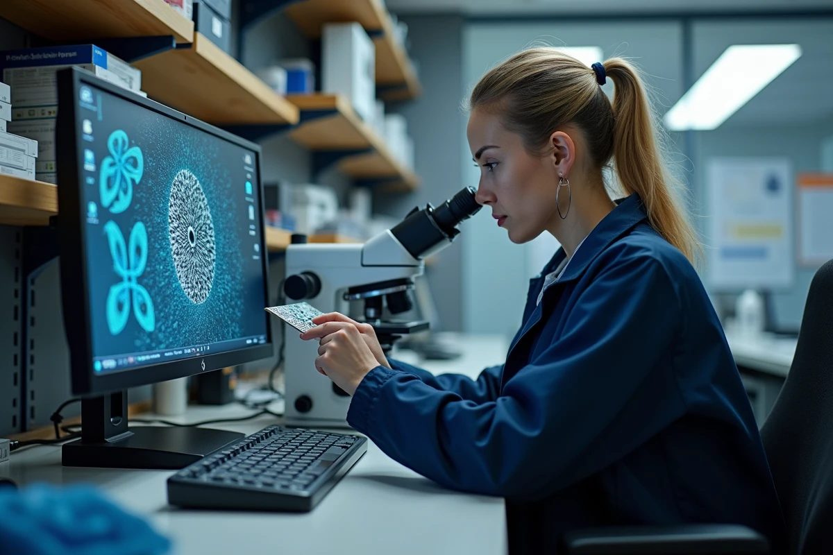 Chercheuse examinant un circuit imprimé sous microscope numérique dans un laboratoire d'électronique spécialisé en microtechnologie