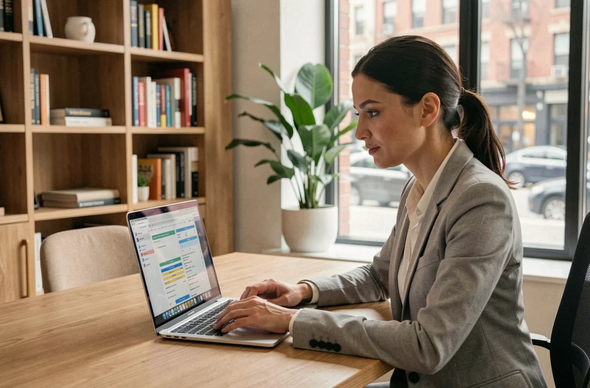 Femme professionnelle comparant des offres d'hébergement web sur un ordinateur portable dans un bureau moderne