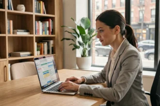 Femme professionnelle comparant des offres d'hébergement web sur un ordinateur portable dans un bureau moderne