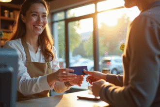Vendeur souriant donnant une carte de fidelite à un client heureux