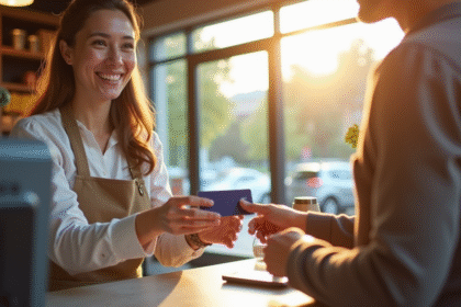 Vendeur souriant donnant une carte de fidelite à un client heureux
