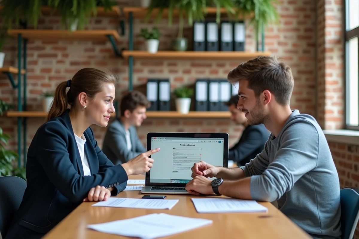 Deux étudiants d'AgroParisTech collaborant autour d'un portail mail institutionnel dans un espace de travail étudiant moderne