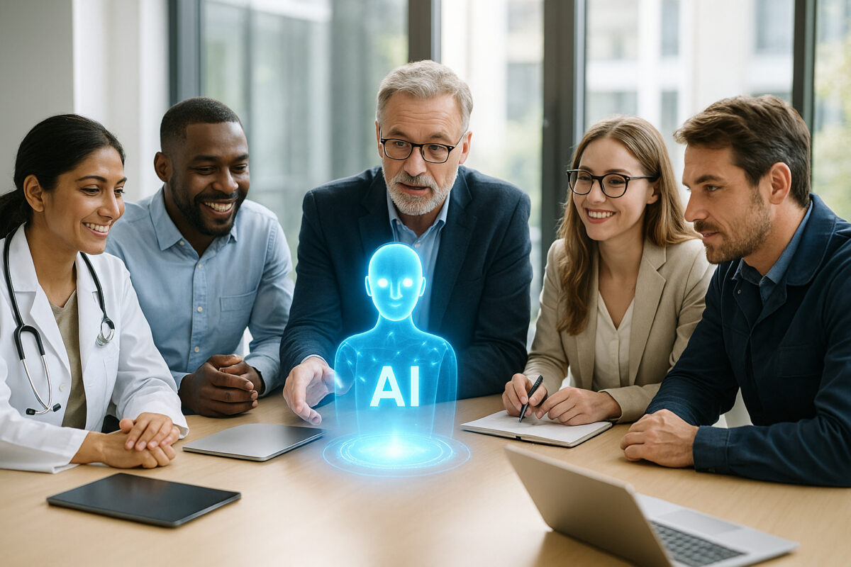 Groupe de professionnels collaborant autour d'une table avec hologramme d'IA