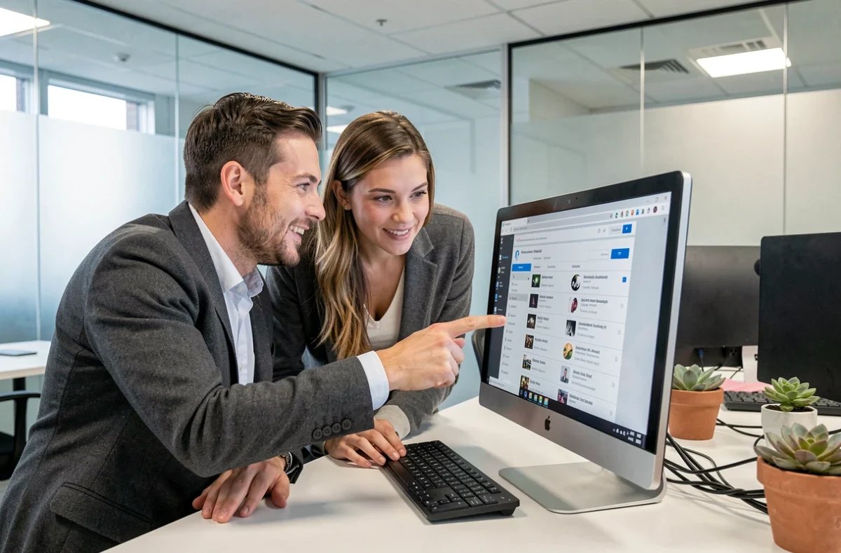 Deux collègues utilisant un convertisseur YouTube MP3 en ligne sur un ordinateur de bureau en open space