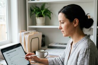 Femme commandant un panneau de permis de construire en ligne depuis son bureau à domicile