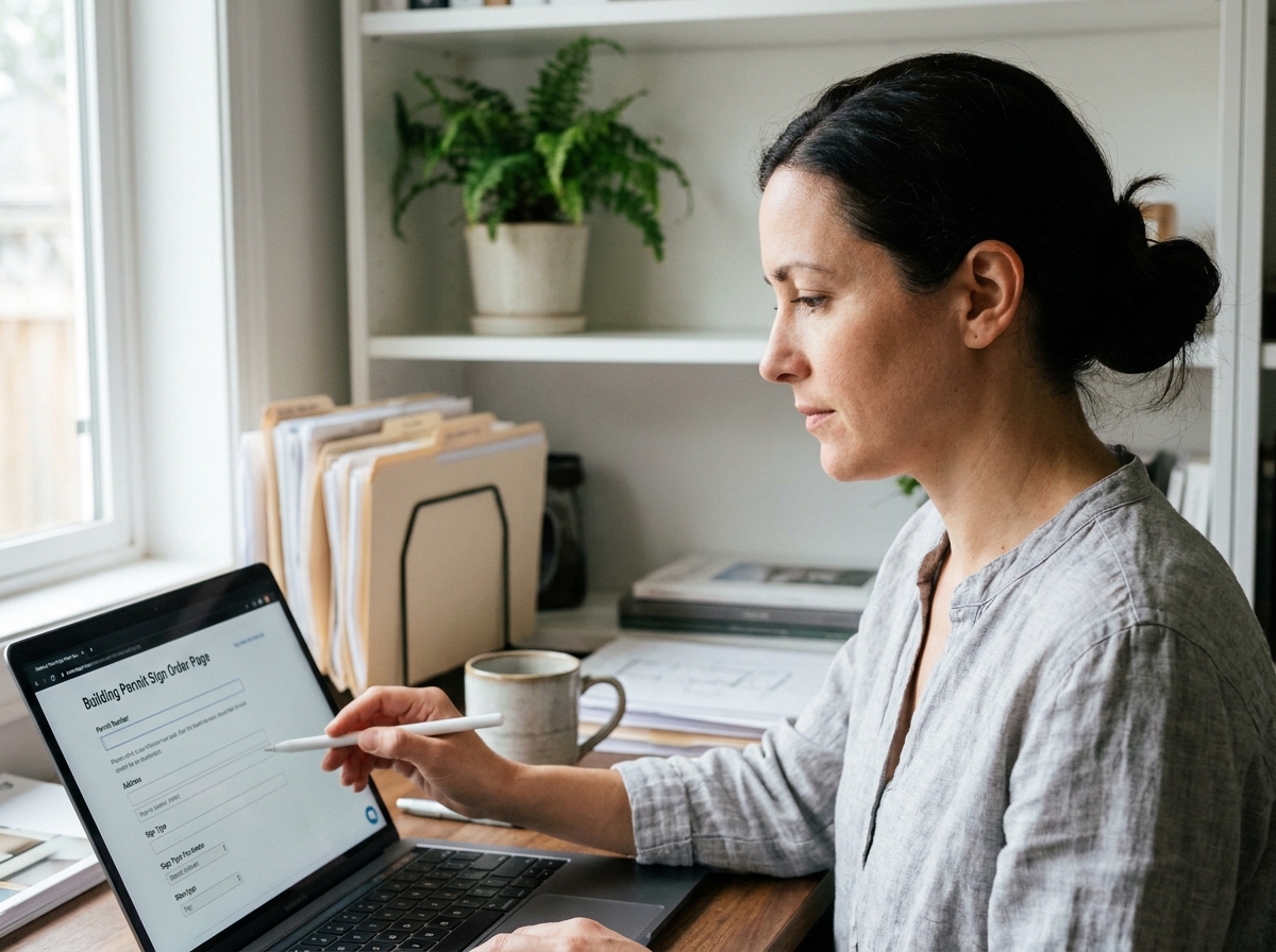 Femme commandant un panneau de permis de construire en ligne depuis son bureau à domicile