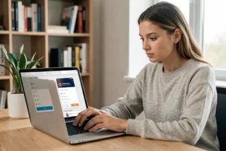 Jeune femme comparant un abonnement gratuit et payant sur un ordinateur portable dans un bureau à domicile