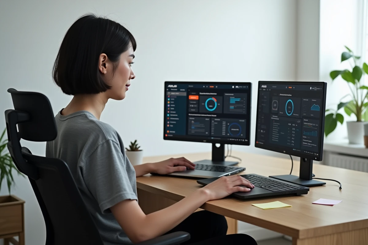 Femme comparant Armory Crate ASUS et un logiciel tiers sur deux laptops côte à côte dans un bureau minimaliste