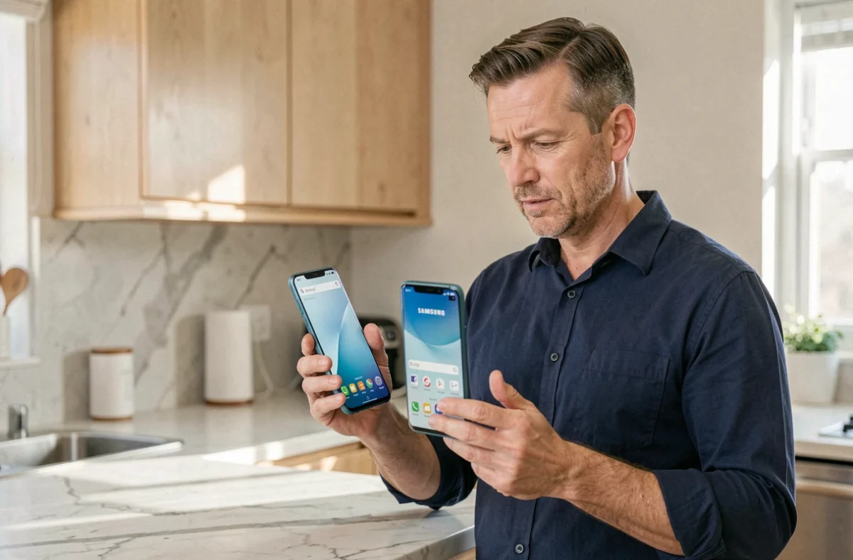 Homme comparant deux smartphones Samsung lors du transfert de photos depuis Samsung Cloud vers un nouvel appareil