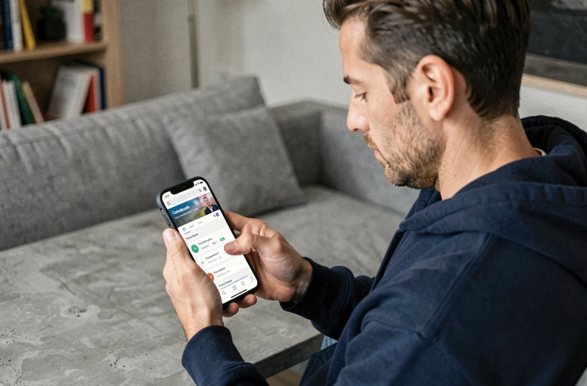 Homme consultant les paramètres de confidentialité Google sur smartphone dans un salon moderne