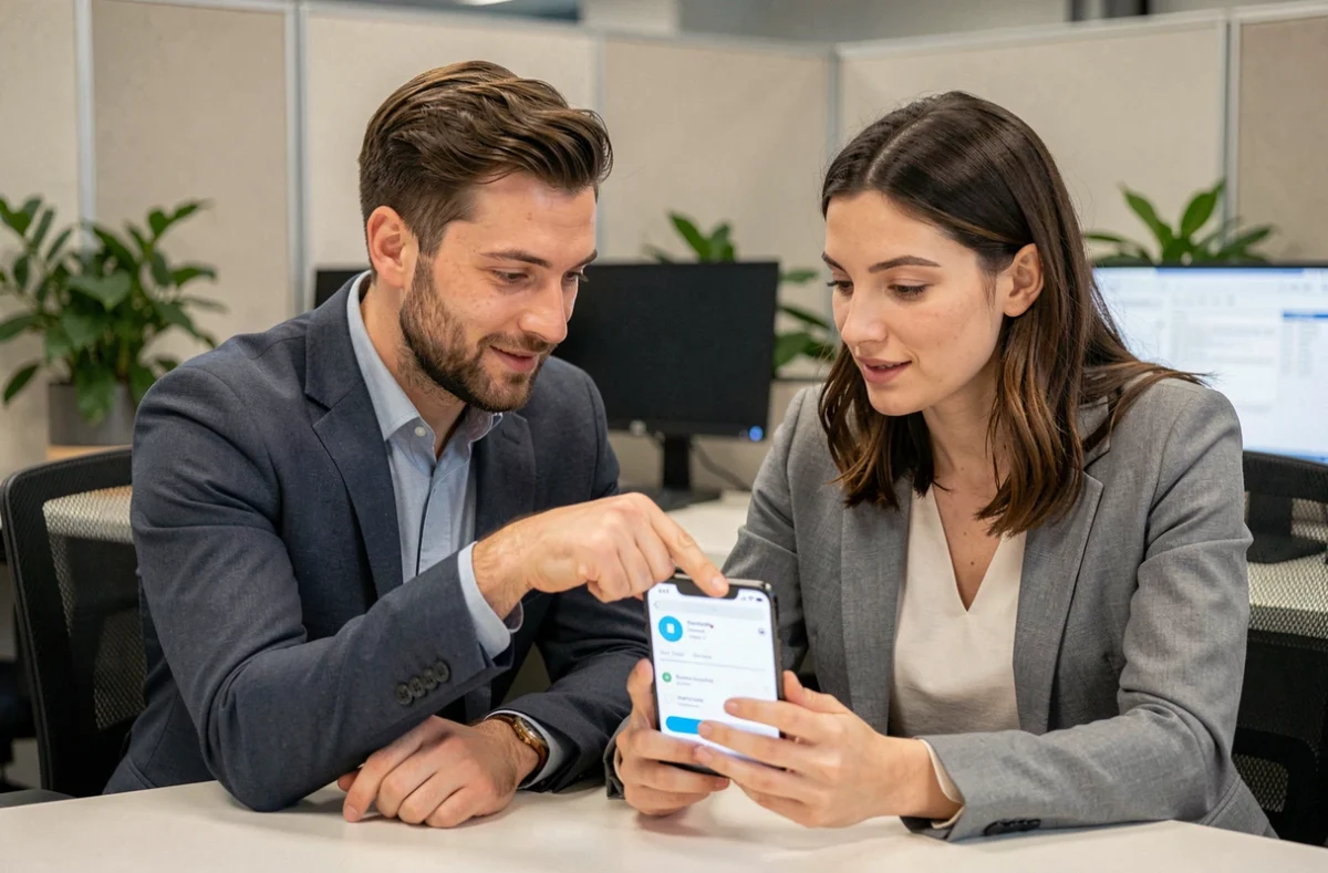 Deux collègues configurant ensemble les réglages de messagerie AOL sur iPhone au bureau