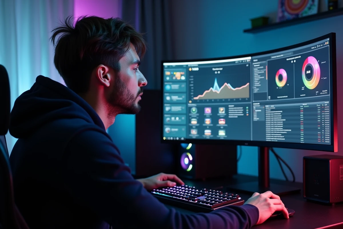 Joueur configurant Armory Crate ASUS sur un PC gamer avec interface logicielle affichée sur écran ultrawide
