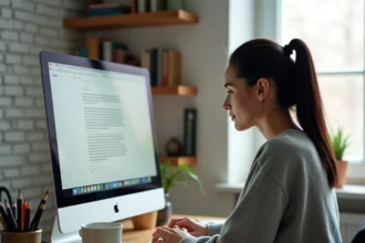 Femme configurant une extension de correction orthographique sur Chrome depuis son bureau à domicile