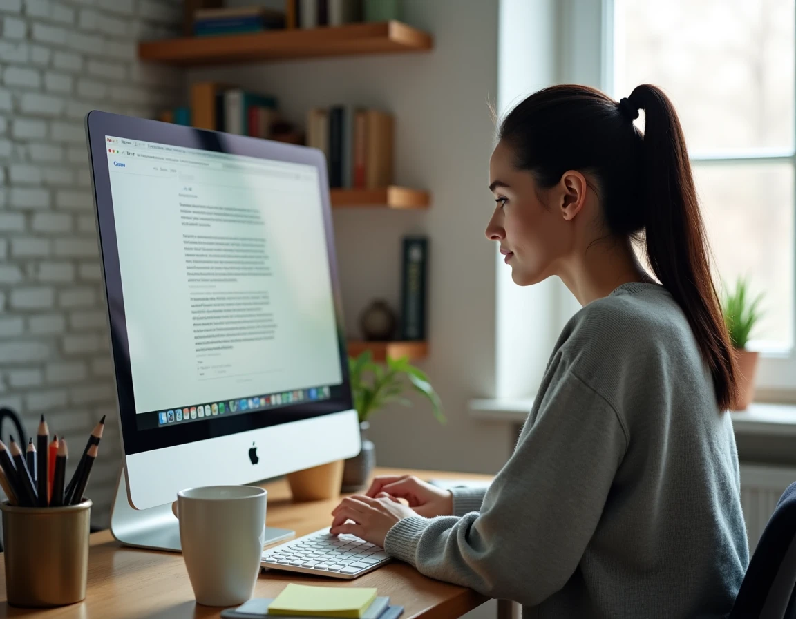 Femme configurant une extension de correction orthographique sur Chrome depuis son bureau à domicile