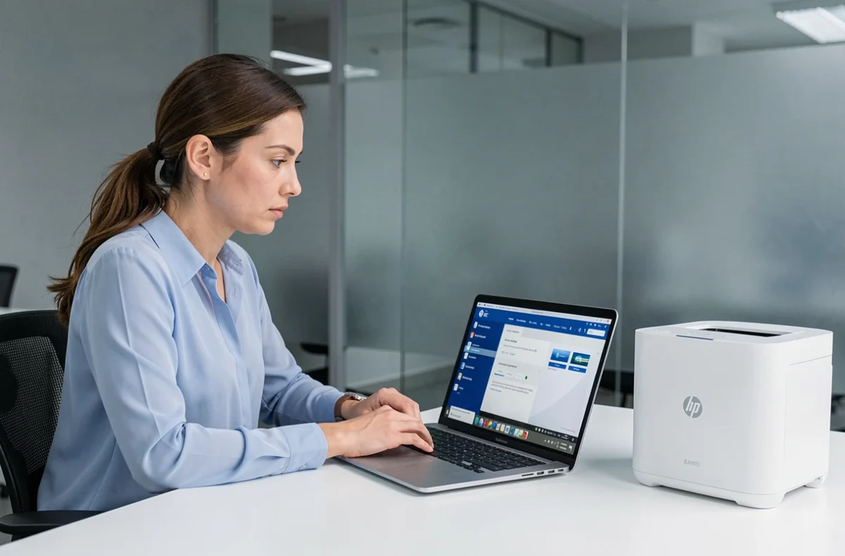 Femme configurant une imprimante HP sans fil depuis un ordinateur portable dans un bureau moderne