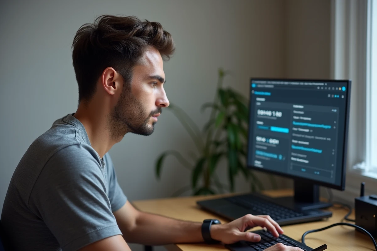 Homme configurant l'ouverture de ports sur l'interface web de sa Freebox depuis un ordinateur portable