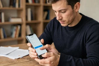 Homme consultant sa messagerie AOL sur un smartphone Android dans un bureau à domicile