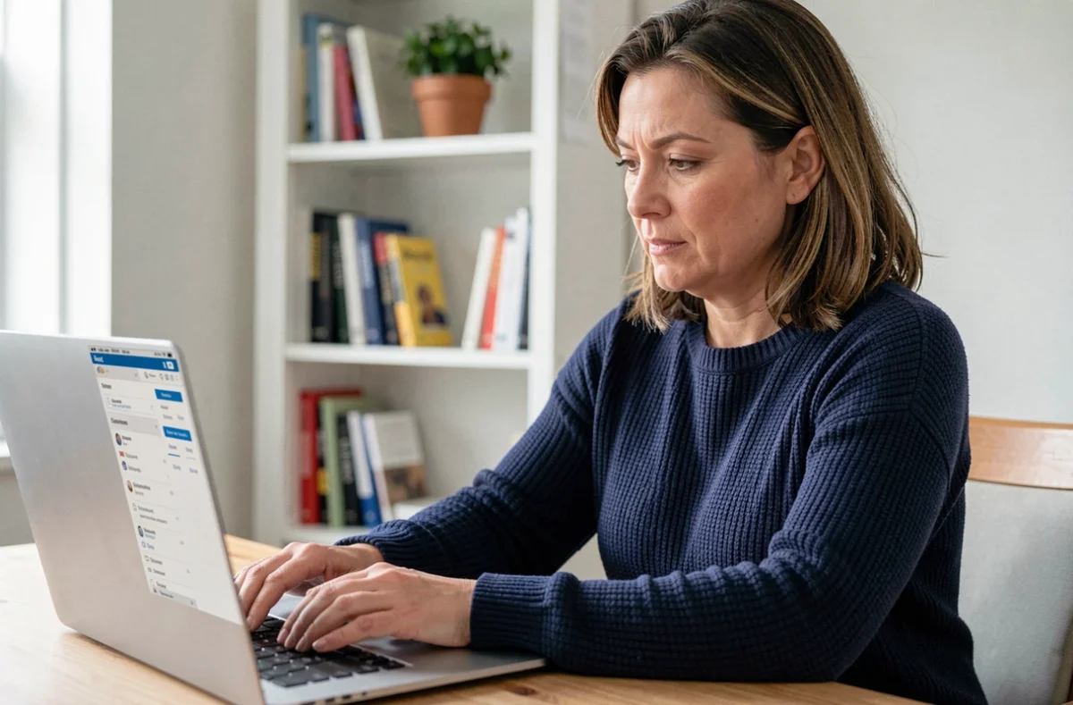Femme connectée à sa messagerie Espace Orange sur un ordinateur portable dans un bureau à domicile