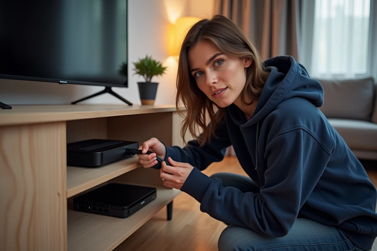 Femme branchant un câble Ethernet sur une Freebox Delta dans un salon moderne pour configurer la domotique