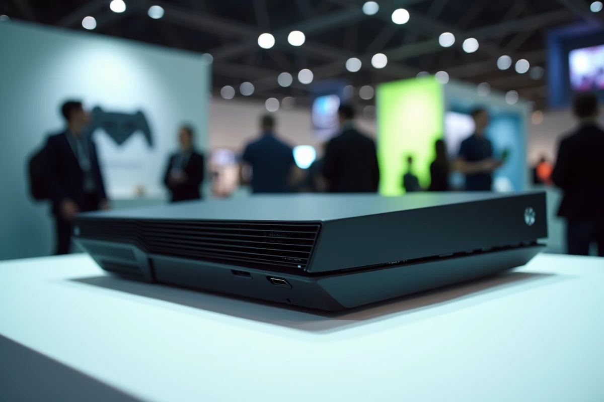 Console Xbox nouvelle génération exposée lors d'un salon technologique avec fond de visiteurs floutés